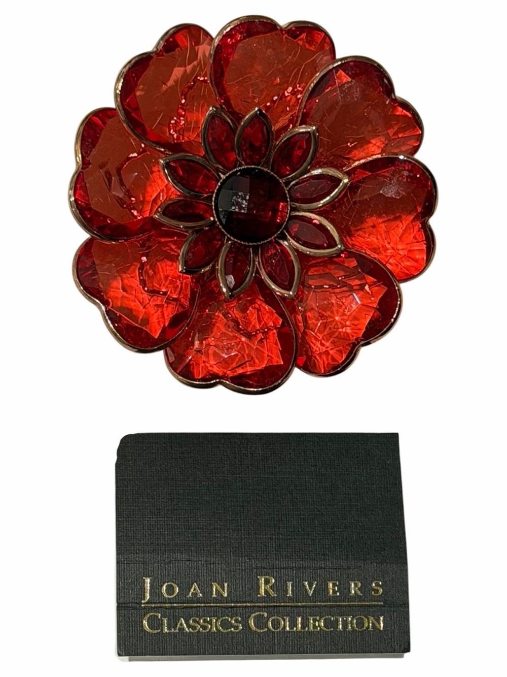 NIB Vintage Joan Rivers Large Red Flower Lucite Goldtone Brooch Signed New